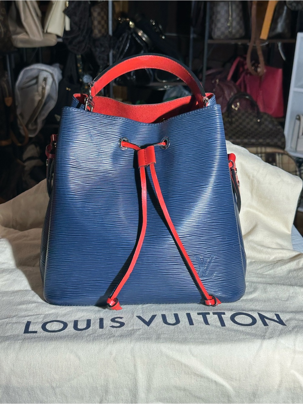 Louis Vuitton Navy Blue & Red Epi Leather Drawstring Shoulder Bag